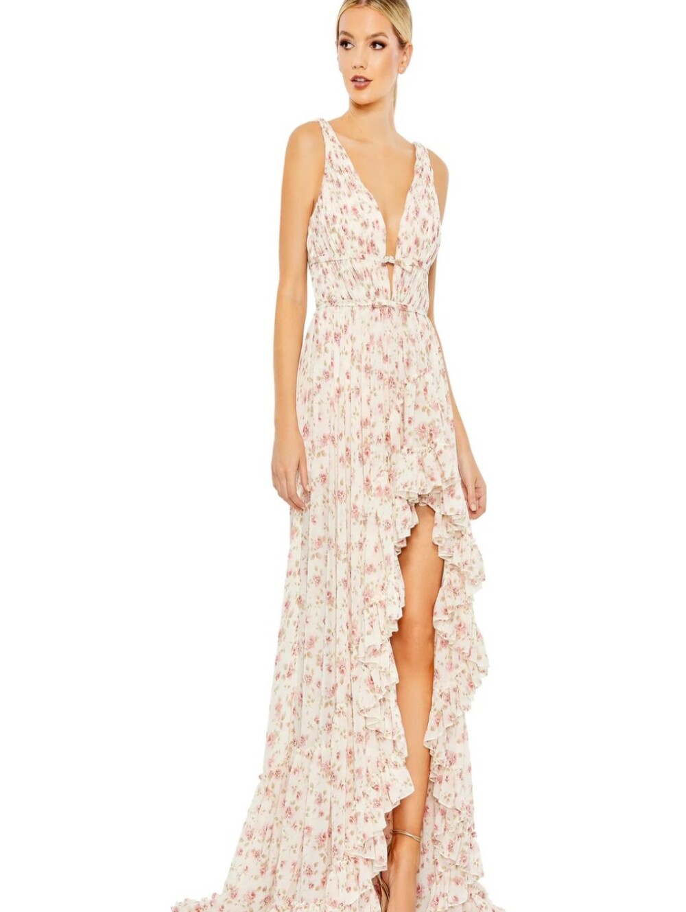 Mac Duggal Cream Floral Ruffled High-Slit Gown